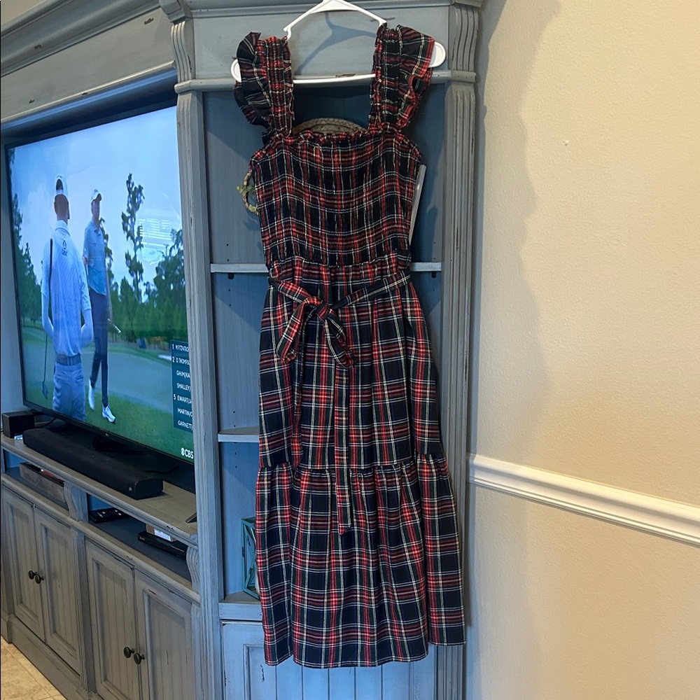 NY&C Plaid Midi Dress with Ruffle Straps and Self Tie Belt